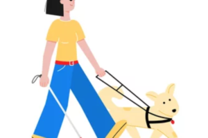 Person mit Blindenführhund und Langstock