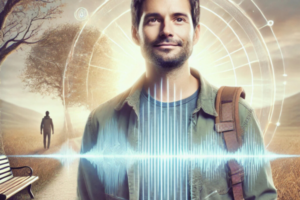 Das (von ChatGPT) KI-generierte Bild zeigt einen Mann mittleren Alters, der blind ist und Experte für Echolokalisation. Er steht in einer offenen Naturlandschaft mit einem Pfad im Hintergrund. Juan wirkt bodenständig und entspannt, mit einer selbstbewussten, aufrechten Haltung. Er trägt legere Kleidung und strahlt Unabhängigkeit aus. Um ihn herum sind dezente Wellen zu sehen, die seine Fähigkeit symbolisieren, sich mithilfe von Schall in der Welt zu orientieren. Die Farben sind warm und freundlich, was eine positive und ermutigende Atmosphäre schafft. Das Bild betont Freiheit und Selbstbestimmung.