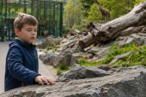 Mit geschlossenen Augen ertastet ein Kind im Alpenzoo Innsbruck die Struktur eines Felsens. Das neue Führungsangebot von Alpenzoo Innsbruck und BSVT macht Natur und Tierwelt für blinde und sehbehinderte Menschen mit allen Sinnen erlebbar. Bild: ChatGPT.